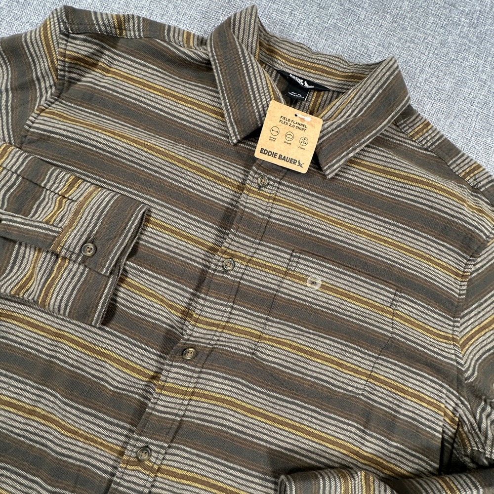 Eddie Bauer Field Flannel Flex 2.0 Shirt Mens XL Brown Stripe Stretch Hiking NEW